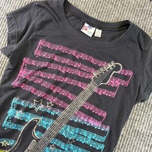 Piper & Blue Girls M Black Graphic T Shirt Guitar Music Notes Neon Print